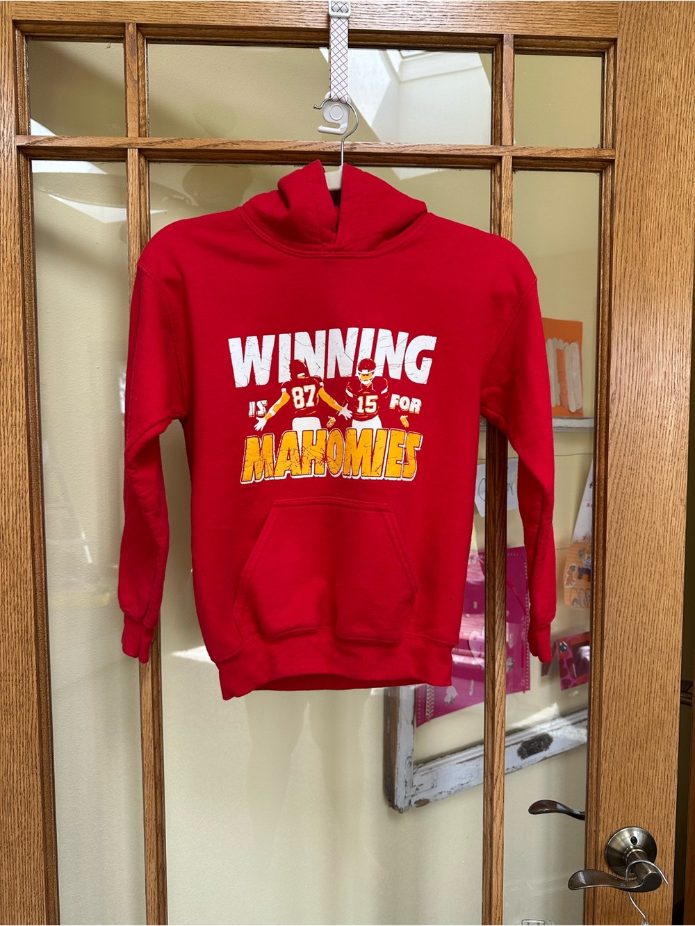 Gildan Red Kids Hoodie with Yellow & White Graphic “Winning for my Mahomies”